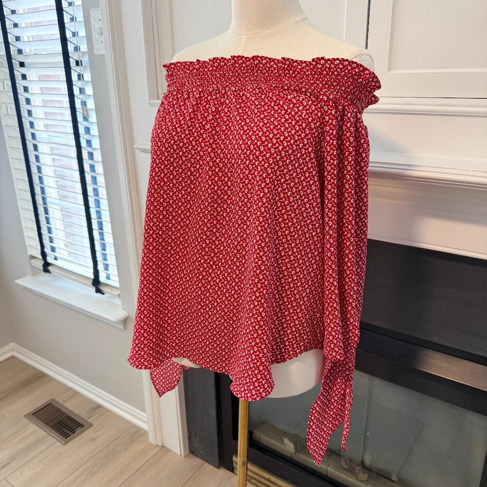 ❤️ Red Floral Off Shoulder Blouse Tie Sleeve | Michael Kors | Size S